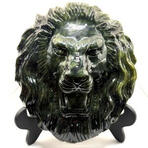 Natural Green Nephrite Jade Crystal Lion Head Carving -with Stand